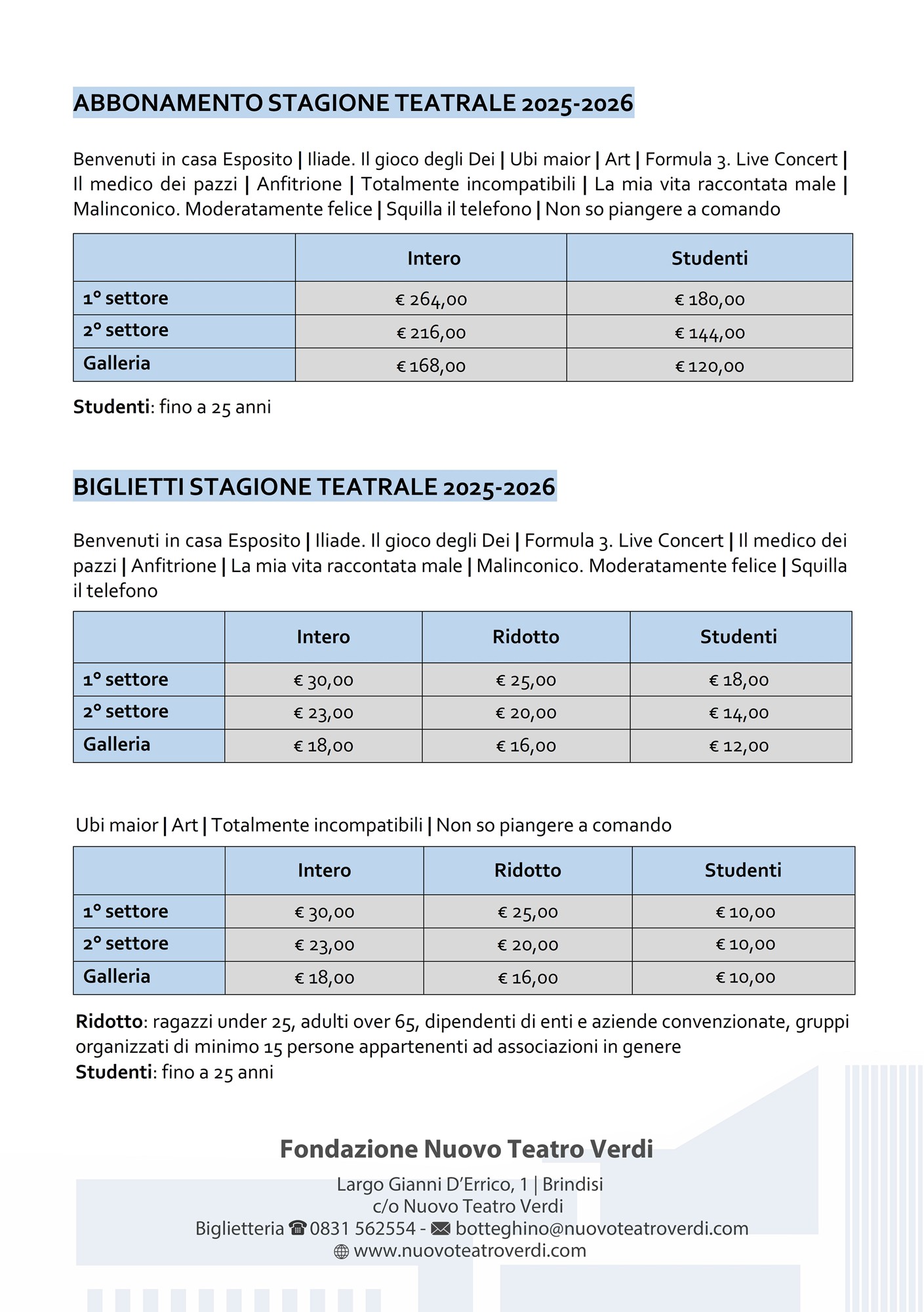 Abbonamenti e biglietti Stagione 2025-26 NTV